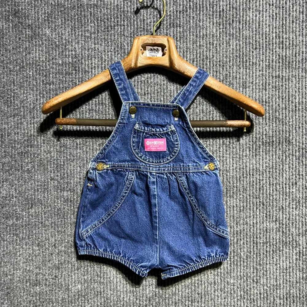 Vintage OshKosh BGosh Denim Bubble Overalls Kids 24M Blue Shortalls Romper 90s